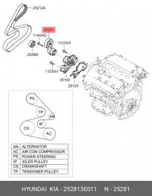 Натяжитель приводного ремня HYUNDAI Santa Fe (05-) KIA Carnival (06-) (2.7) OE 252813E011 HYUNDAI KIA