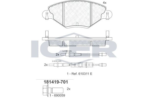 181419-701 колодки дисковые передние !\ Citroen C5 2.0i 16V/2.0HDi 00> 181419701 ICER