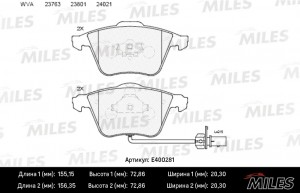 Колодки тормозные передние (с датчиком) (Смесь Low-Metallic) AUDI A6/ALLROAD 04  E400281 MILES