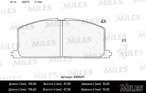 Колодки тормозные передние (без датчика) (Смесь Low-Metallic) (TOYOTA CAMRY/CARI E400211 MILES