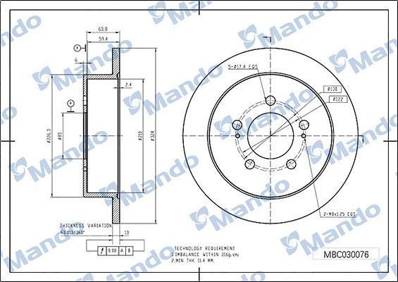 Диск тормозной KIA Cerato (09-),Soul (09-) задний (1шт.) MANDO MBC030078 MANDO