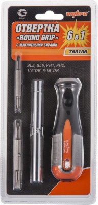 отвертка стержневая! 6 в 1 ROUND GRIP 1/4',5/16'DR, SL5,6, PH1,2\ 750106 OMBRA