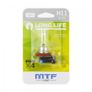 Лампа 12V H11 55W PGJ19-2 +30% блистер (1шт.) Long Life MTF HLL1211B MTF