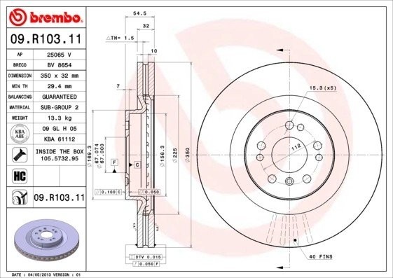 Диск тормозной MERCEDES GL (X164) (06-12) передний вентилируемый (1шт.) BREMBO 09.R103.11 BREMBO