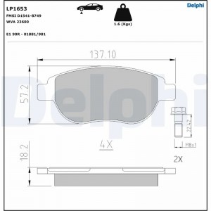 LP1653 колодки дисковые п.\ Peugeot 307, Citroen Xsara 1.6-2.0/HDi 00> LP1653 DELPHI