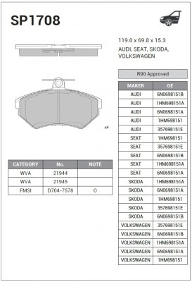 Колодки тормозные VW Golf (89-) передние (4шт.) SANGSIN SP1708 SANGSIN