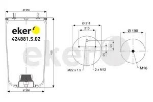 Пневморессора BPW (без стакана,2шп.M12,1 отв.штуц.M22х1.5мм) EKER ET424881S02 EKER