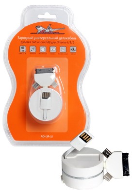 Кабель для телефона "AIRLINE" (рулетка, 3 в 1, microUSB/для IPhone 4/5/6) ACH-3R-15 AIRLINE