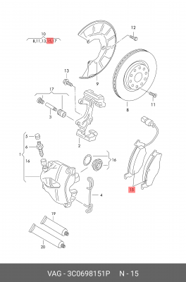 Колодки тормозные VW Passat (05-) SKODA Octavia (04-) передние (4шт.) OE 3C0698151P VAG