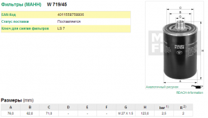 SKODA OCTAVIA (A5) (2004>) W71945 MANN FILTER
