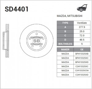 Диск тормозной MAZDA 3 1.4/1.6 03/MAZDA 5 15 1.8/2.0/2.0D 03 передний вент. SD44 SD4401 SANGSIN