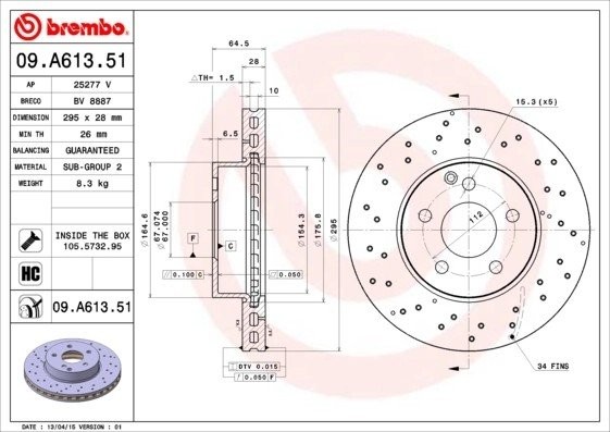 Диск тормозной перфорированный 09.A613.51 09.A613.51 BREMBO