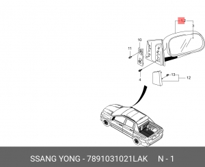 Зеркало боковое SSANGYONG Actyon (06-),Actyon Sports (06-/12-) левое (черное) (б 7891031021LAK SSANG YONG