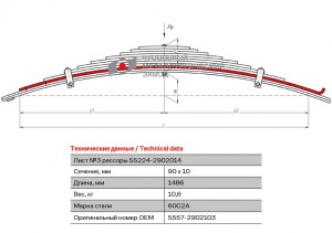 Лист рессоры УРАЛ-4320,5557 передней №3 L=1466мм ЧМЗ 55572902103 OMK AUTO