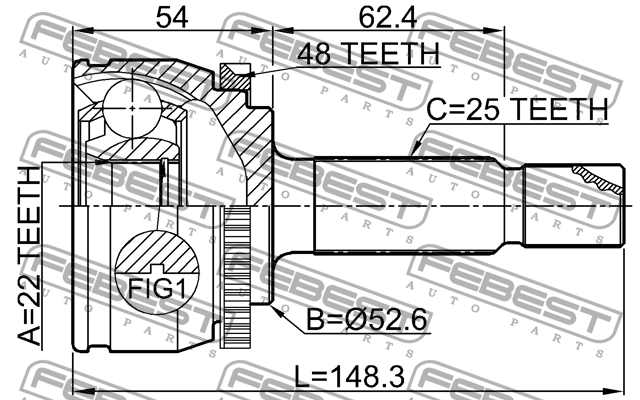 ШРУС НАРУЖНЫЙ 22X52.6X25 подходит для HYUNDAI IH 12 (IH) 2011- 2210-RIOA48 2210-RIOA48 FEBEST