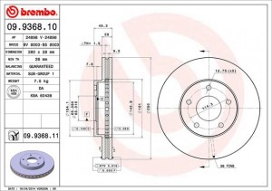 Диск тормозной NISSAN Maxima (00-),Primera (P12) передний (1шт.) BREMBO 09.9368.11 BREMBO