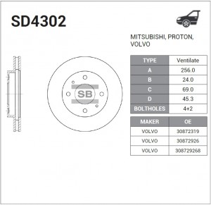 Диск тормозной MITSUBISHI Carisma (99-00) передний (1 шт.) SANGSIN SD4302 SANGSIN