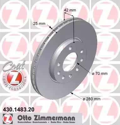 диск тормозной !перед. 280x25/42-5x110 \ Opel Astra/Corsa/Meriva/Zafira/Combo To 430.1483.20 ZIMMERMANN