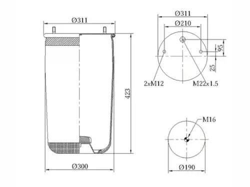 Пневморессора Premium без стакана 2шп.-M12 + 1 отвер.M22 под возд. BPW 36K — 3 г 090030029 SONDER