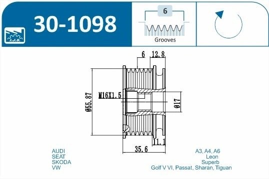шкив генер.\ Bosch Audi A4 1.6/1.8T/2.0 301098 IJS GROUP