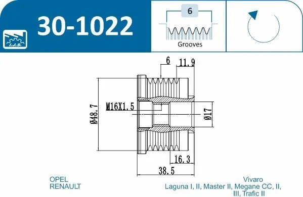 шкив генер.\ Renault Laguna/Traffic 301022 IJS GROUP