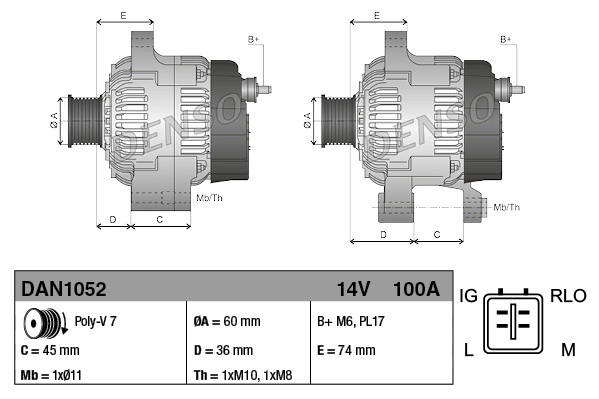 Генератор 14V 100A DAN1052 DENSO