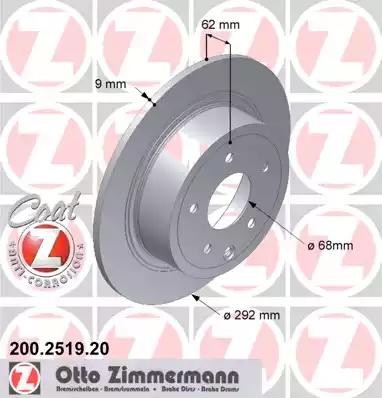 диск тормозной !задн. 292x9/62-5x114 \ Nissan Qashqai 1.6-2.0i/1.5dCi-2.0dCi 07> 200.2519.20 ZIMMERMANN