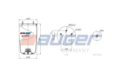 пневмопод.без стак. !940MB h423 2шп.M12смещ.25. 1отв.штуц.M22. Н: 1шп.M16 \BPW AU 34940 AUGER