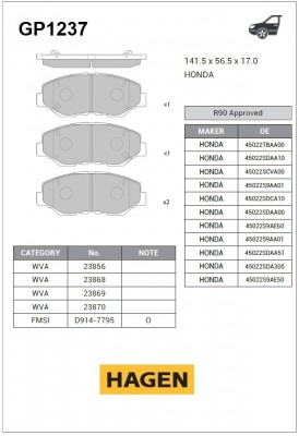 Колодки передние HONDA ACCORD VII 03-08, CR-V II 01-06, ELEMENT 02-11 GP1237 GP1237 SANGSIN