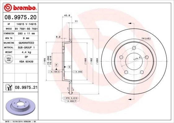 Диск тормозной MAZDA 3 (BK,BL) (2.0/2.3) задний (1шт.) BREMBO 08.9975.21 BREMBO