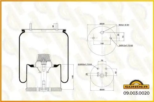 Пневморессора Premium со стаканом (металл) 2шп.-M12 + 1 отвер.M22 под возд. — 3  090030020 SONDER