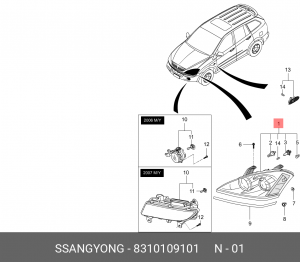Фара SSANGYONG Kyron (05-) левая (с корректором) OE 8310109101 SSANG YONG