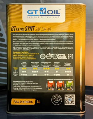 Масло моторное GT OIL GT EXTRA SYNT API SN/CF 5W40 синт.4л 8809059407417 GT OIL