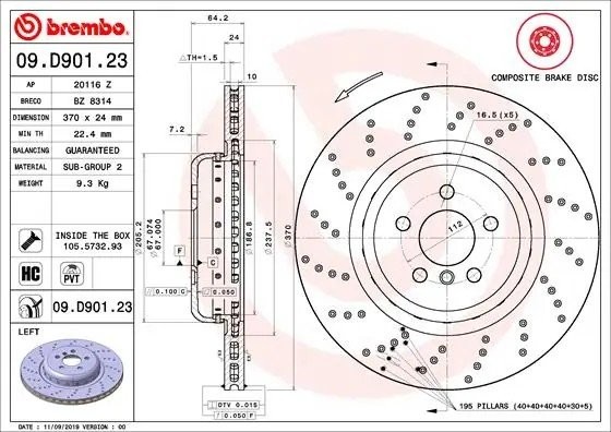 Диск тормозной левый Composite 09.D901.23 09D90123 BREMBO