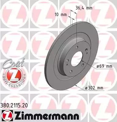 диск тормозной !задн. 302x10/36-5x114 \ Mitsubishi ASX/L 200 IV/Outlander III 1. 380.2115.20 ZIMMERMANN