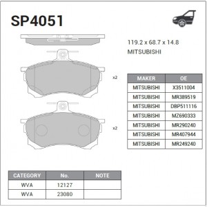 Колодки тормозные MITSUBISHI Carisma (95-) (1.6/1.9) передние (4шт.) SANGSIN SP4051 SANGSIN