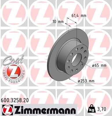 Диск тормозной VW Golf 5,6 AUDI A3 SKODA Octavia (1Z,5E),Yeti задний (1шт.) ZIMM 600325820 ZIMMERMANN