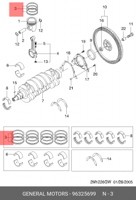 Кольца поршневые CHEVROLET Aveo (03-08) комплект на 1 цилиндр OE 96325699 GENERAL MOTORS