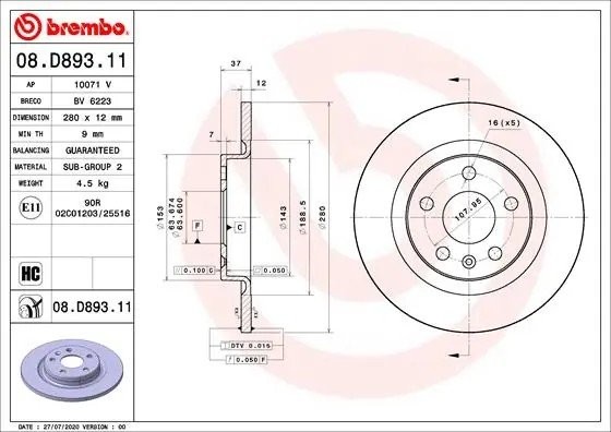 Диск тормозной 08.D893.11 08D89311 BREMBO