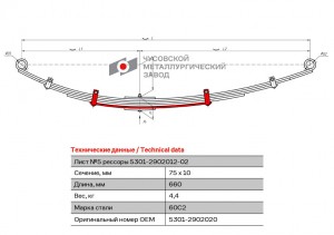 Лист рессоры ЗИЛ-5301 передней №5 с хомутом L=660мм ЧМЗ 53012902020 OMK AUTO