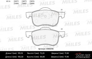 Колодки тормозные передние (без датчика) (Смесь Low-Metallic) (VOLVO S60/S70/S80 E400310 MILES