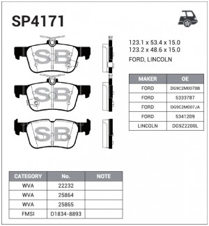 Колодки тормозные FORD Mondeo (15-) задние (4шт.) SANGSIN SP4171 SANGSIN
