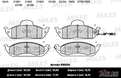 Колодки тормозные передние (с датчиком) (Смесь Semi-Metallic) (MB W163 ML230-ML4 E100322 MILES