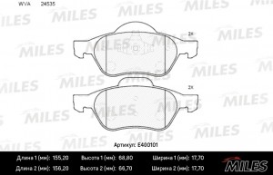 Колодки тормозные передние (без датчика) (Смесь Low-Metallic) RENAULT MEGANE II/ E400101 MILES