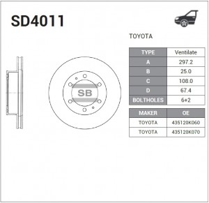 Диск тормозной TOYOTA HILUX 06- передний вент.D 297мм. SD4011 SD4011 SANGSIN