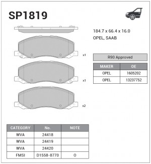 Колодки тормозные OPEL Insignia (13-17) передние (4шт.) SANGSIN SP1819 SANGSIN