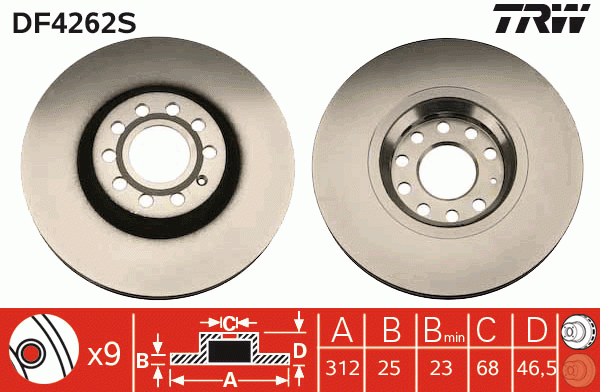 Диск тормозной передний AUDI A4 (B6, B7), A6 (C5), VW PASSAT (3B_) 312мм DF4262S DF4262S TRW