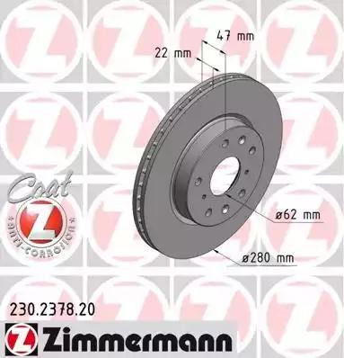 диск тормозной !перед. 280x22/47-5x114 \Suzuki SX4, Fiat Sedici 1.5/1.6/1.9D/2.0 230237820 ZIMMERMANN