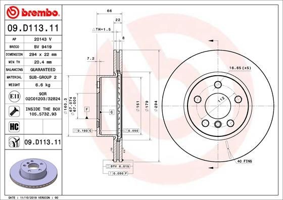 Диск тормозной 09.D113.11 09D11311 BREMBO