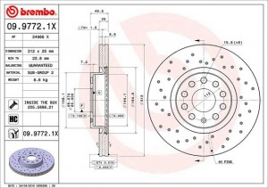 Диск тормозной AUDI A3 VW Golf 4,5 Passat,Tiguan перфорированный пер.вент. D=312 0997721X BREMBO